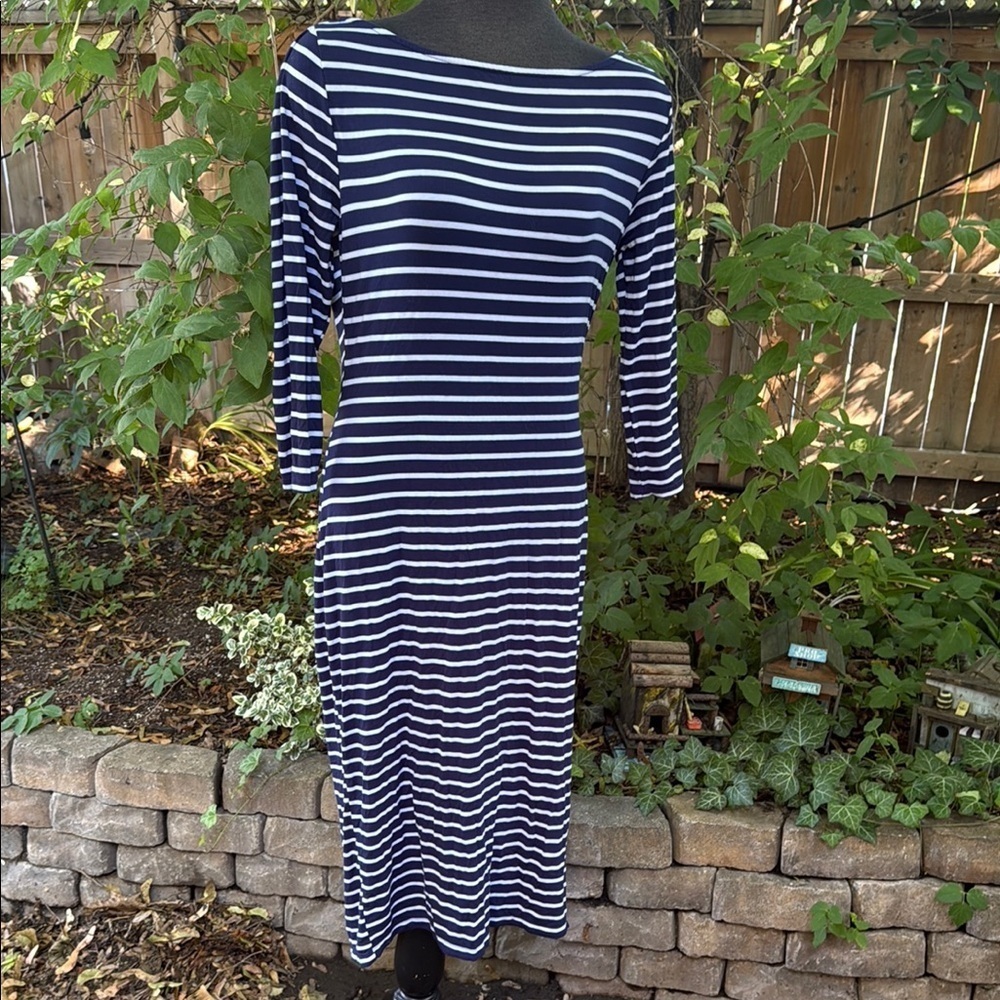 Navy and White Stretch Striped Dress. Size M.